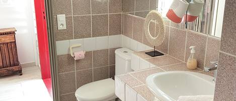 A bathroom with a toilet, sink, and mirror. There is a red door leading to another room.