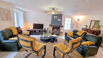 Télévision, cheminée, lecteur de DVD, table de tennis de table