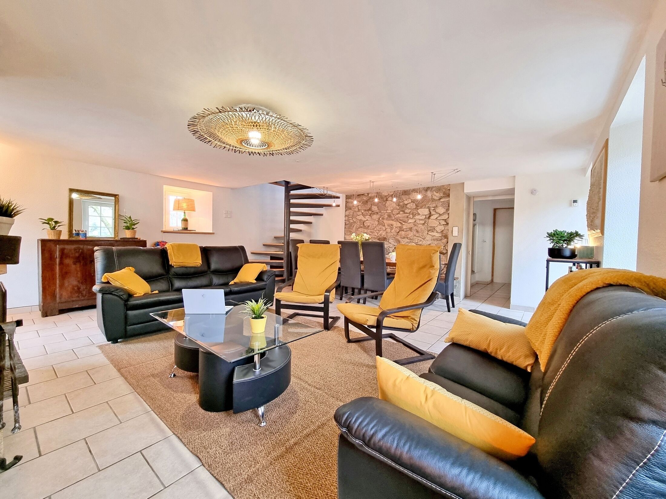 Télévision, cheminée, lecteur de DVD, table de tennis de table