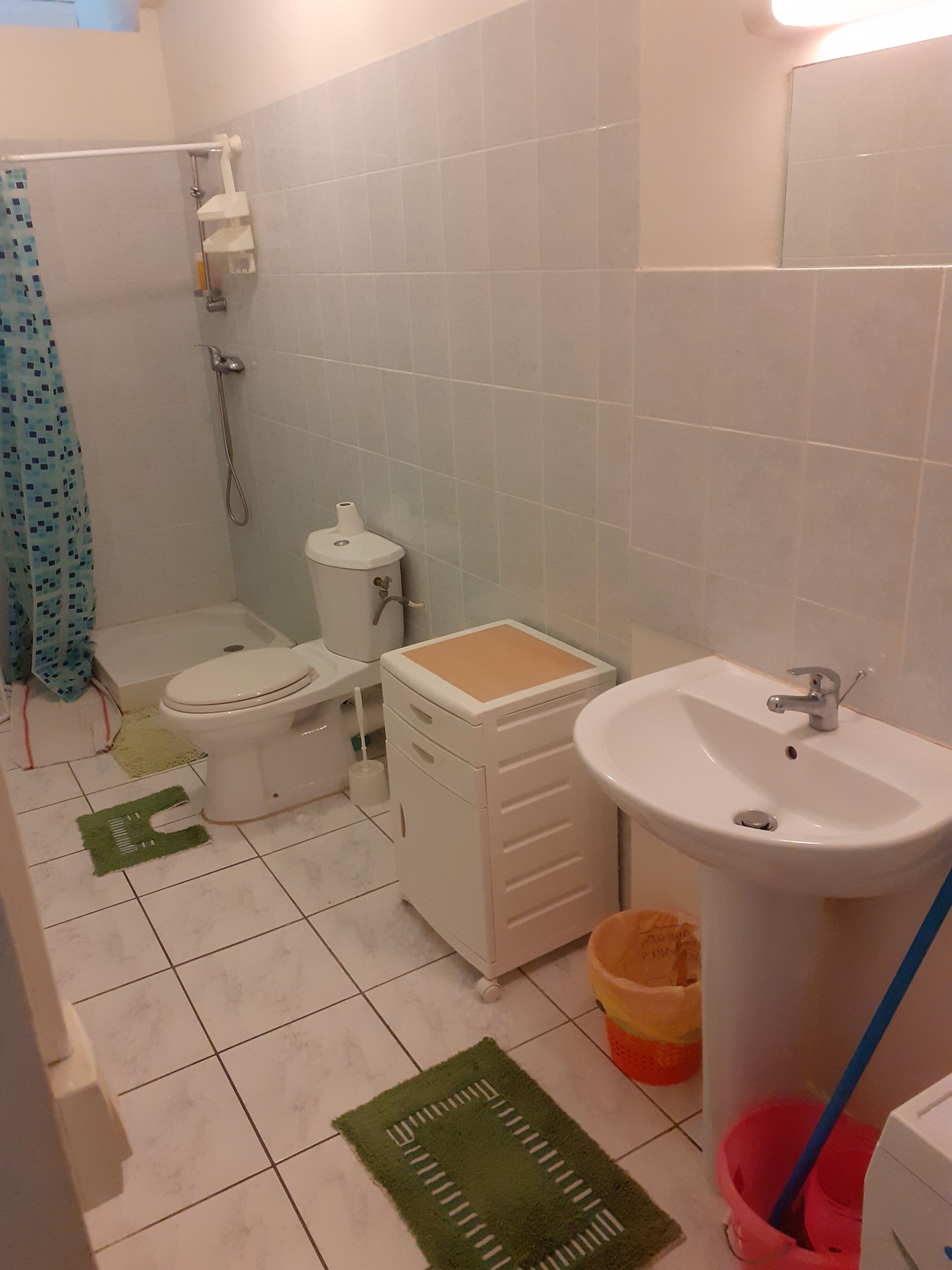 A bathroom with a toilet, bidet, sink, and a shower area.