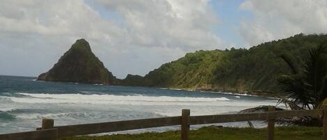 Paisaje costero con un primer plano de césped, una valla de madera y vista al océano con olas rompiendo contra un litoral rocoso.