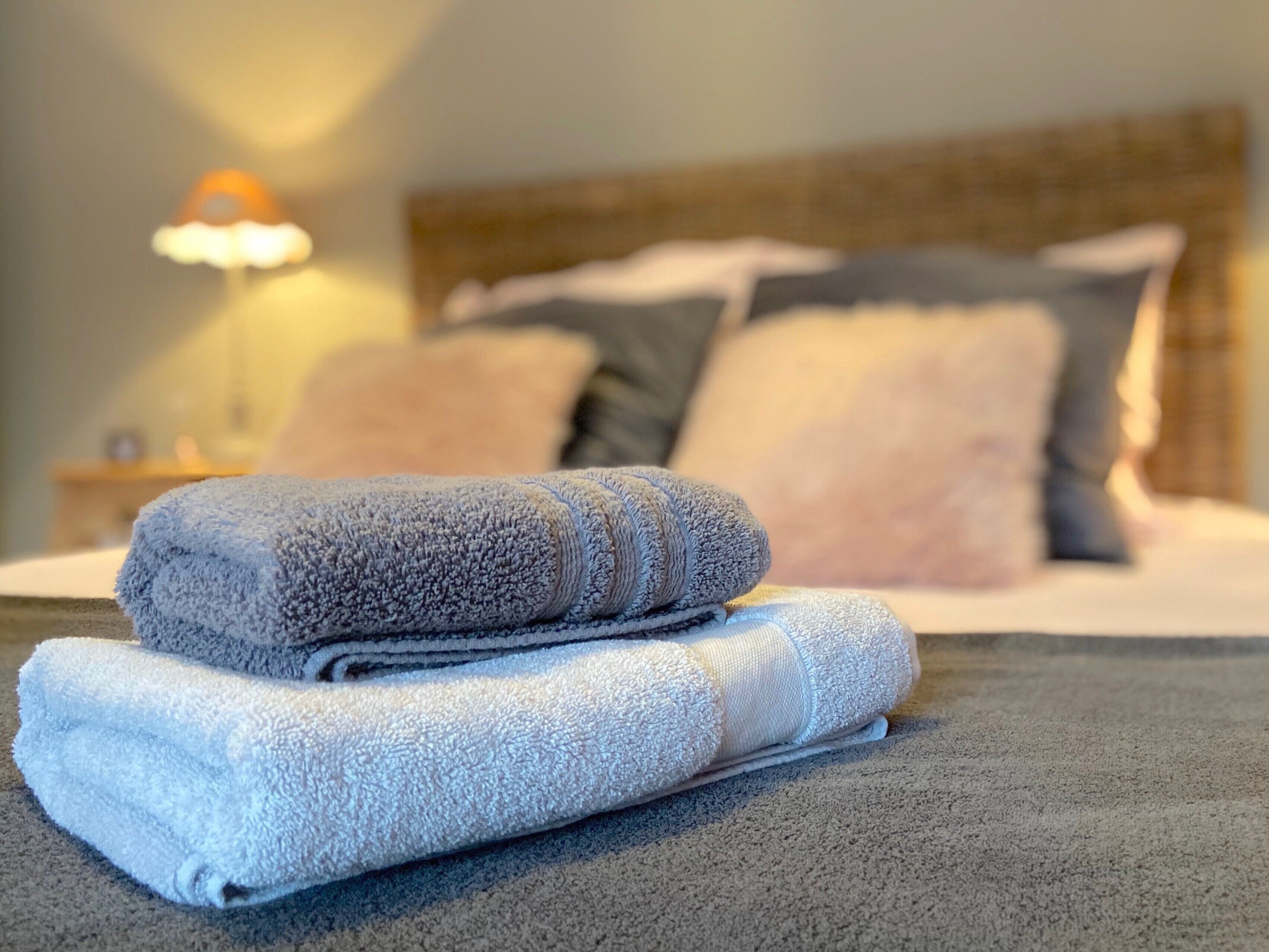 A neatly made bed with two folded towels, a nightstand with a lamp, and a headboard with pillows.