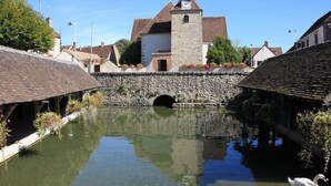 Eine Steinbrücke über einem ruhigen Gewässer mit einem weißen Schwan, umgeben von traditionellen Gebäuden mit Strohdächern.
