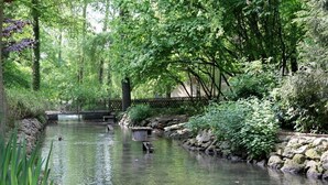 Ein friedlicher Teich mit einer Holzbrücke, umgeben von üppigem Grün und Steinmauern.