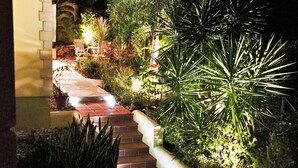 A well-lit outdoor area with a stone staircase leading to a covered seating area, surrounded by various plants and shrubs.