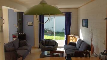 TV, fireplace, DVD player, books