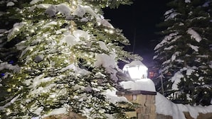 A snow-covered tree with lights, a stone wall, and a sign that reads "Your Home."