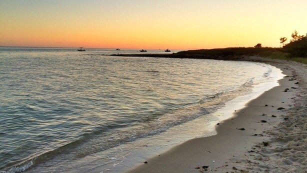 Ein Strand mit ruhigem Wasser, sandigem Ufer und blauem Himmel.
