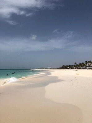 On the beach, sun-loungers, beach towels
