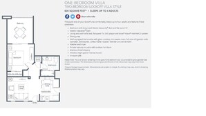 A one-bedroom villa layout with a balcony, bedroom, bathroom, living area, dining area, and kitchenette.