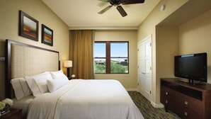 A hotel room with a bed, a television, a ceiling fan, a window with a view, and a door.