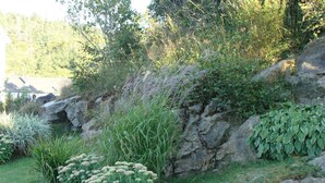 Un jardín con diversas plantas, un muro de piedra y una zona de césped.