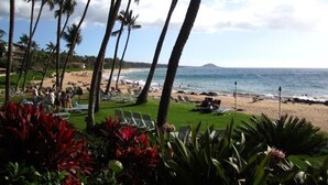 A beach with palm trees, a sandy shore, and a view of the ocean. - 505 – Lovely Oceanfront 1/1.5 unit – great ocean view with A/C! (Kihei)