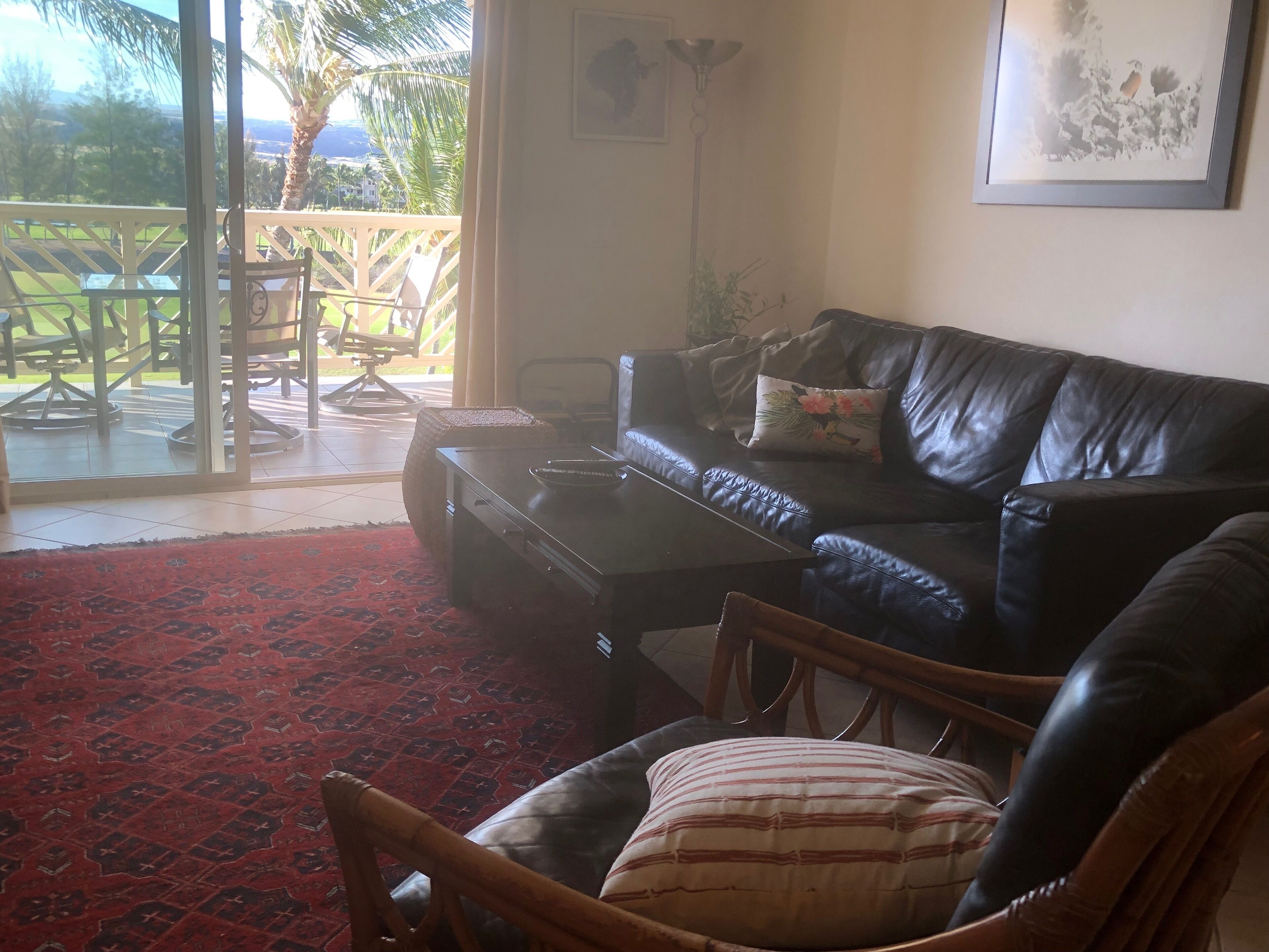 Ein Wohnzimmer mit schwarzem Ledersofa, einem Holztisch und einem roten Teppich mit Muster. Ein Glastür öffnet sich zu einer Außenpatio mit Tisch und Stühlen.