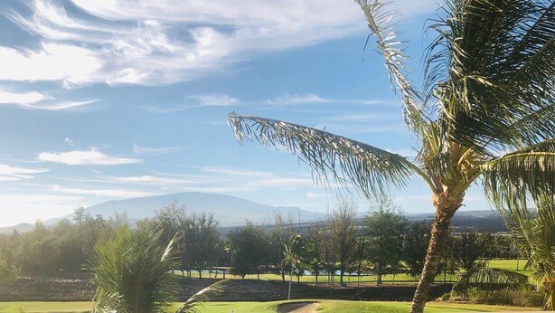 Un patio con una mesa y una silla, con vistas a un campo de golf con palmeras y cielo despejado.