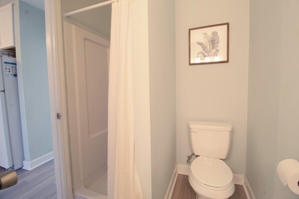 Un baño con inodoro, cortina de ducha e imagen enmarcada en la pared.