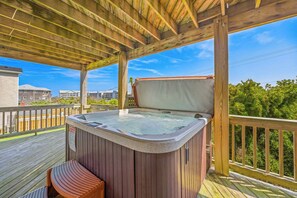 A hot tub on a wooden deck with a wooden pergola overhead. - Oceanview Home w/ Private Pool, Hot Tub, and Elevator. Enjoy the HI View! (Rodanthe)