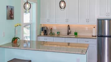 Fridge, microwave, coffee/tea maker, toaster