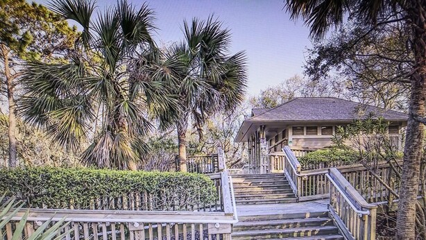A wooden staircase leading to a house with a porch, surrounded by palm trees and a hedge.