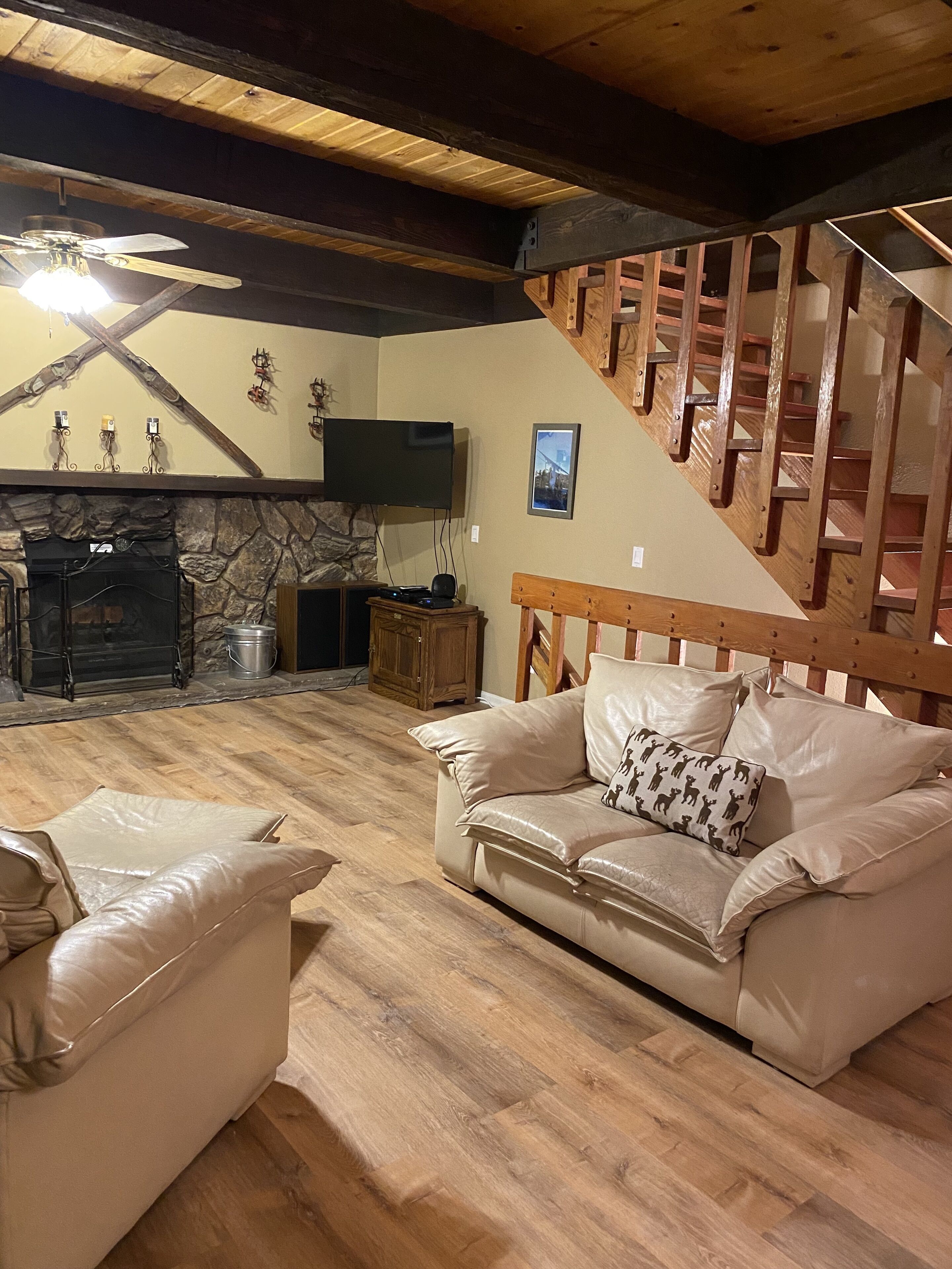 TV connectée, cheminée, lecteur de DVD, chaîne hi-fi