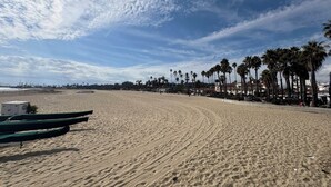 Ein weiter Sandstrand mit Palmenreihen und wolkenlosem Himmel.