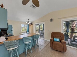 TV, DVD player, books, stereo