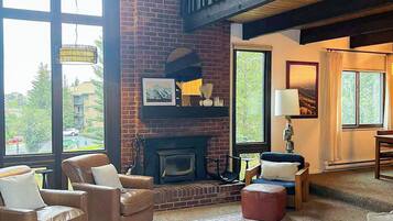 Smart TV, fireplace, DVD player, books