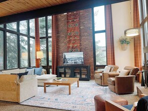 Smart TV, fireplace, DVD player, books