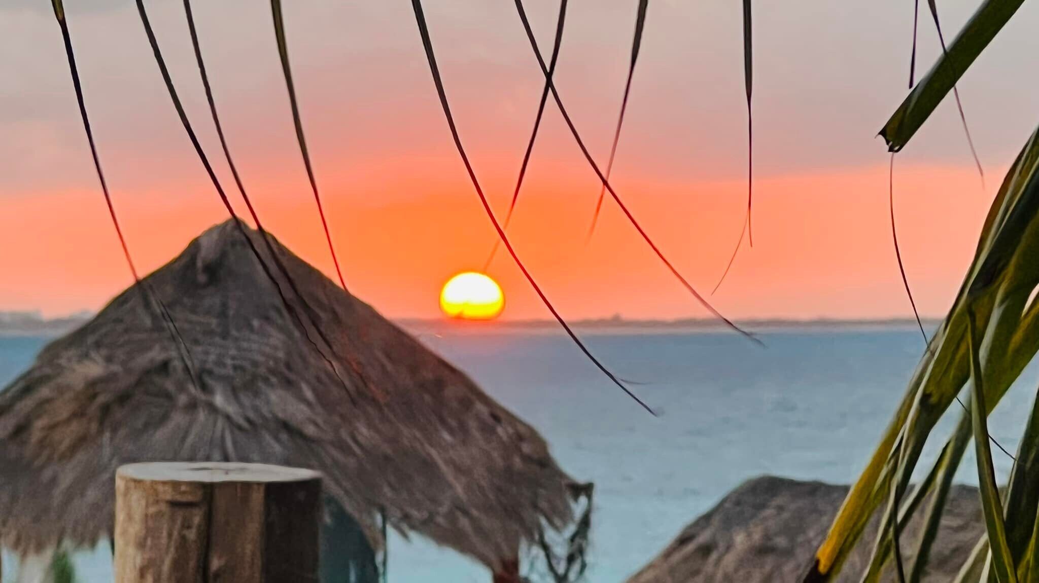 Un atardecer sobre una playa con chozas de techo de paja.