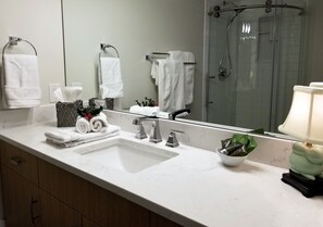 Hair dryer, towels, soap, shampoo