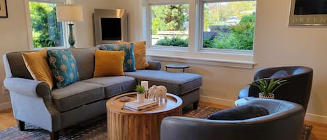 TV, fireplace, books