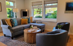 TV, fireplace, books