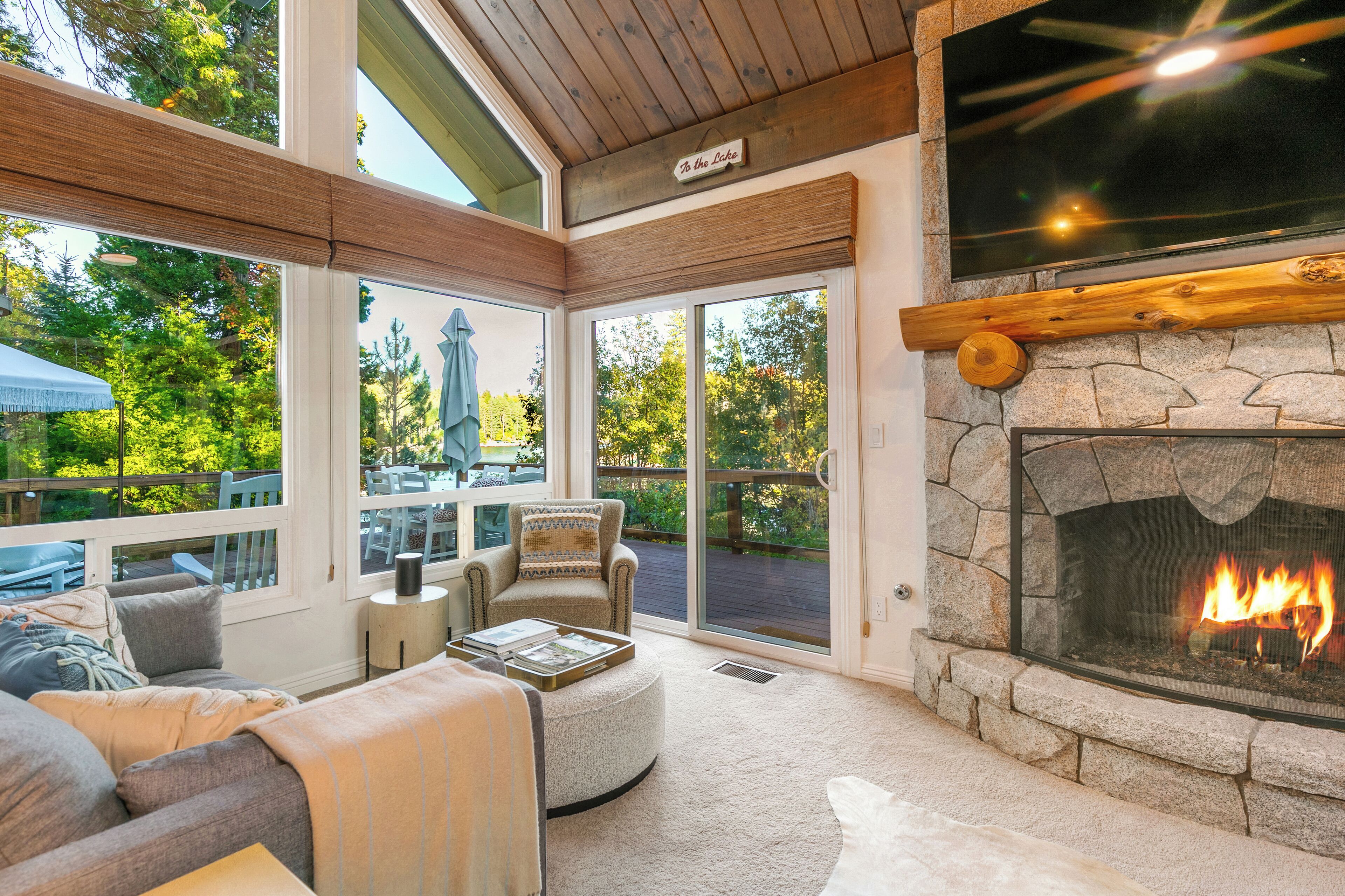 Smart TV, fireplace, books, video library