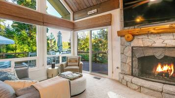 Smart TV, fireplace, books, video library