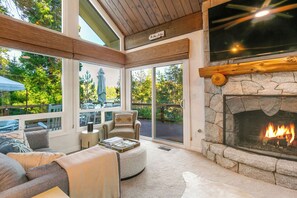 智能电视、壁炉、书、影片库