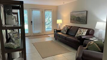 Smart TV, fireplace, video library