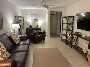 Smart TV, fireplace, video library