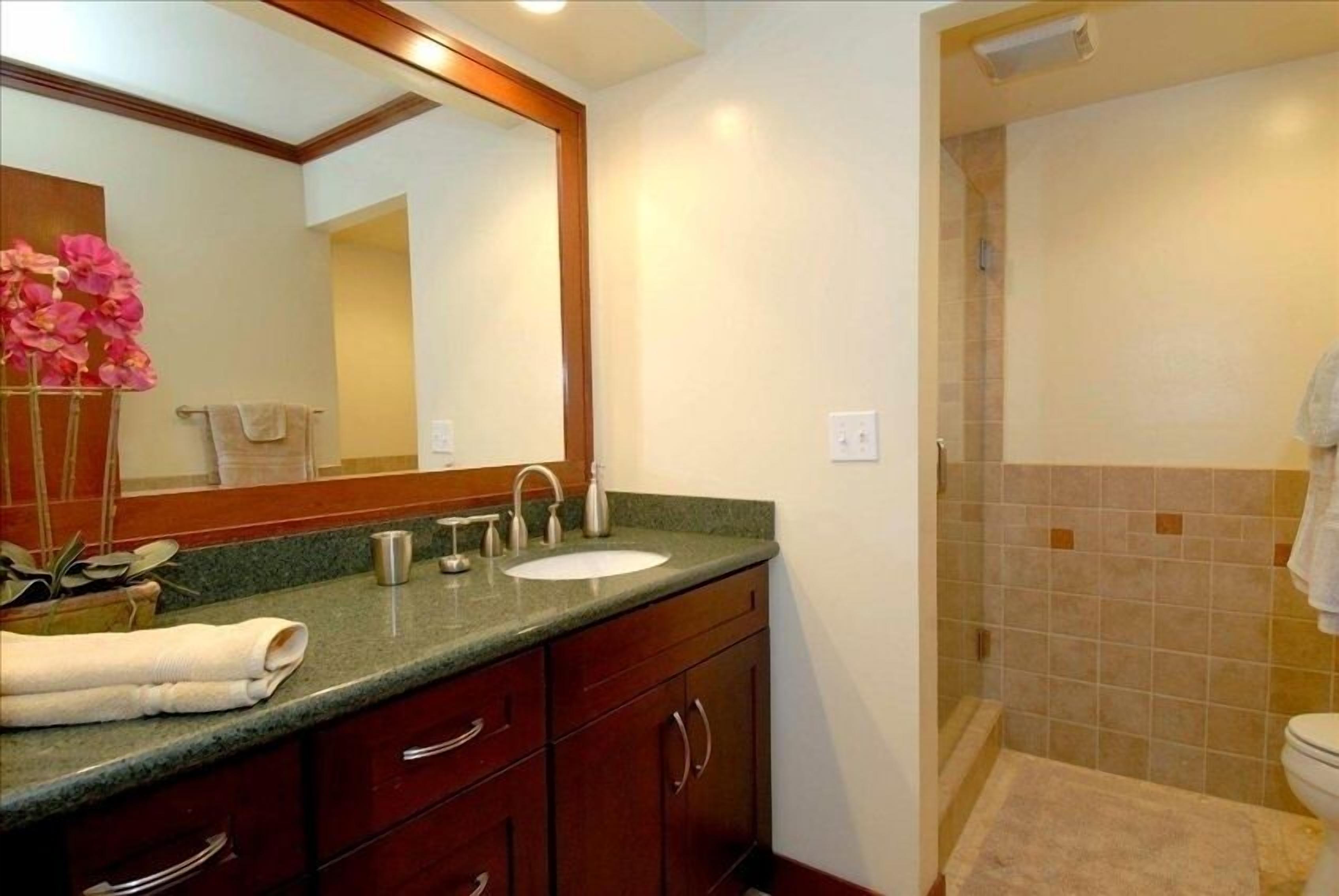 Un baño con lavamanos, espejo y zona de ducha.