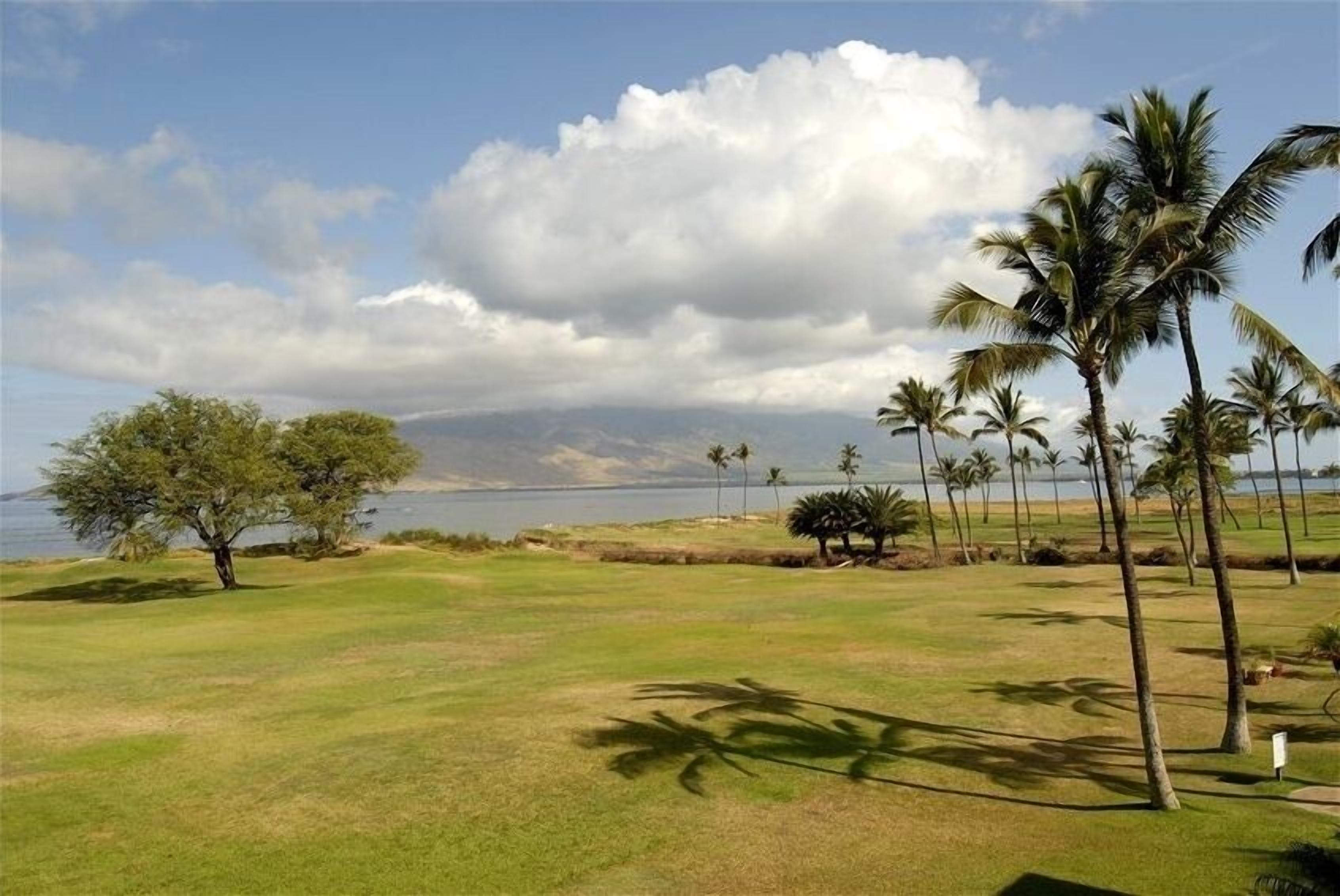 Um campo de golfe com vista para o oceano e montanhas ao fundo.