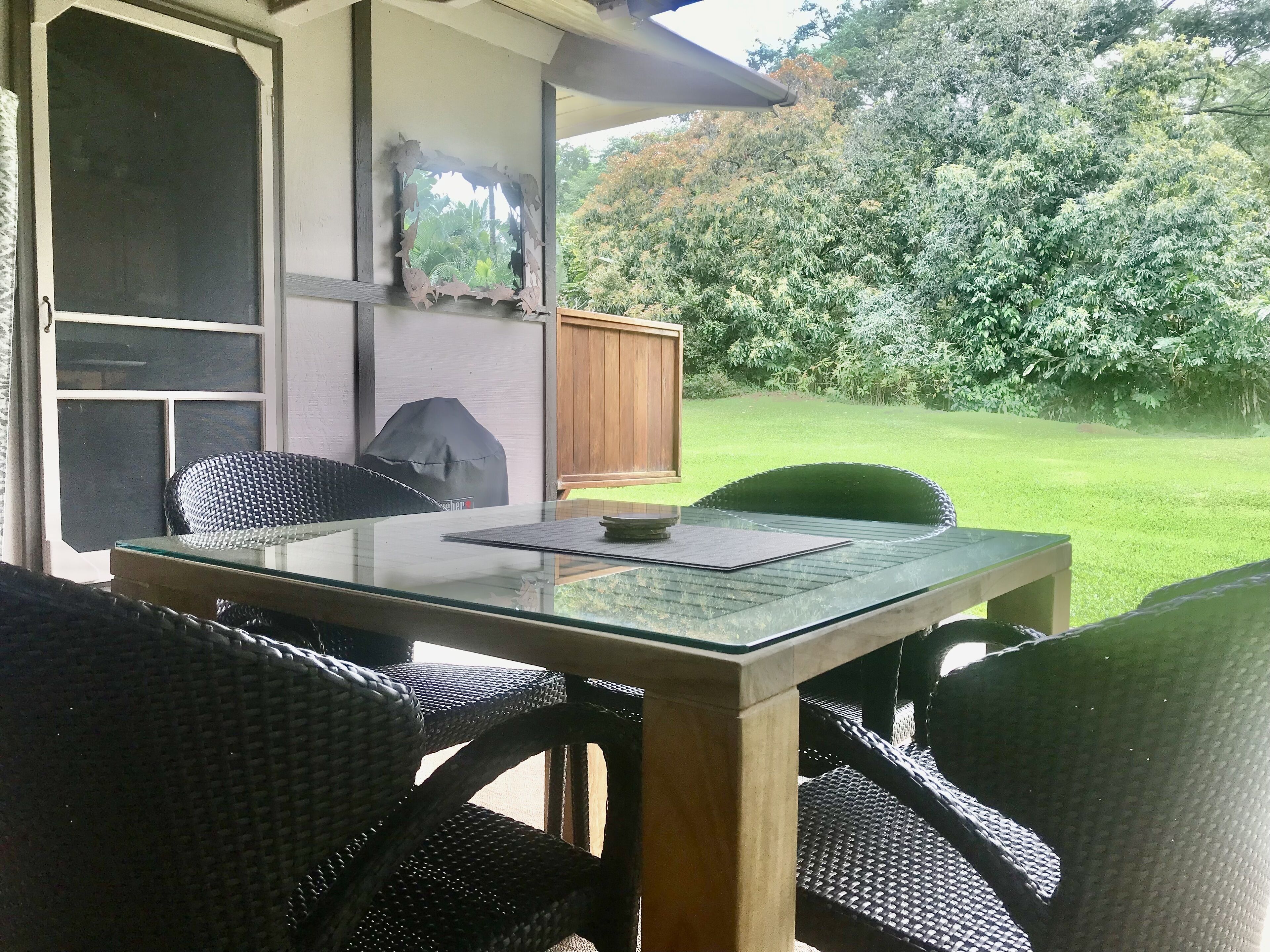 Un patio al aire libre con una mesa de vidrio y sillas de mimbre, una terraza de madera, y vistas a un césped y árboles.