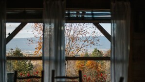 Une vue à travers une fenêtre dont le cadre est en métal, offrant un paysage avec des arbres et une chaîne de montagnes lointaine.