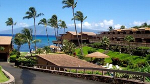 A resort with multiple buildings, a paved pathway, and palm trees.