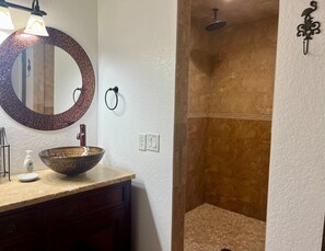 Combined shower/tub, hair dryer, towels, soap