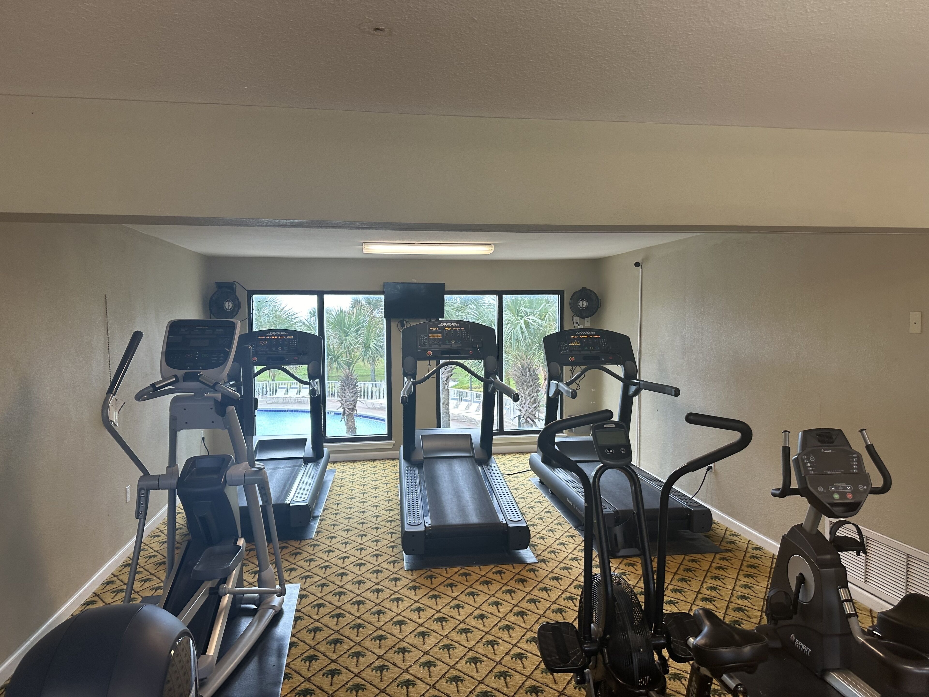 A gym with treadmills, ellipticals, and a stationary bike.