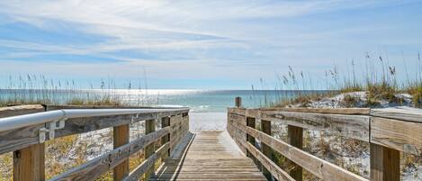 On the beach, sun-loungers