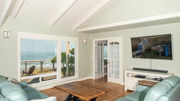 Smart TV, fireplace, DVD player, foosball
