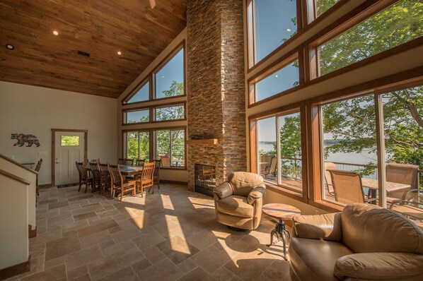 Televisión, chimenea, reproductor de DVD y libros 