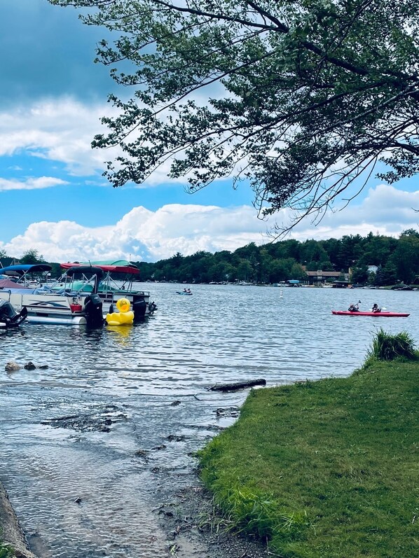 Un port de plaisance avec des bateaux amarrés, une rive herbeuse et un arbre qui se dresse au-dessus.