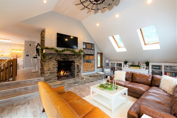 Smart TV, fireplace, books