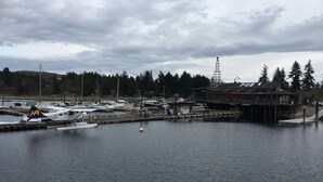 Een jachthaven met aangemeerde boten, een gebouw met de tekst 'PUB' en een beboste helling op de achtergrond.